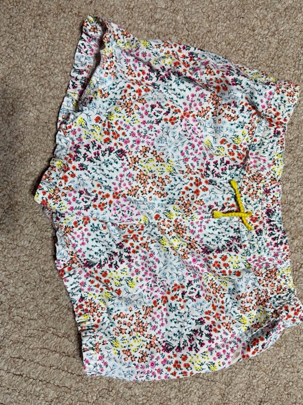 Lands' End Girls White Floral Elastic-Waist Shorts with Yellow Drawstring Accent